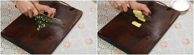 把姜去皮，切成片；葱洗干净后切成葱花备用。