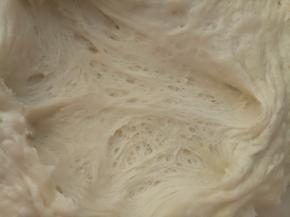 把中种材料混合揉至无干粉，装入保鲜盒放冰箱冷藏20小时左右(如果着急用可以放在室温3个小时左右)，主要还是看面团的状态。如图出现蜂窝状就可以了。