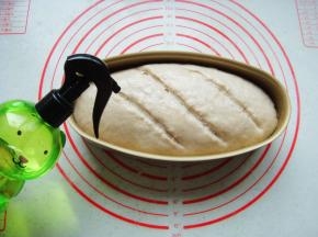 发酵好后在表面用锋利的刀片割几刀。表面均匀的喷上一层水。