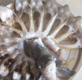 蒸好的鱼出锅，把上面那层葱姜丝用筷子夹扔了