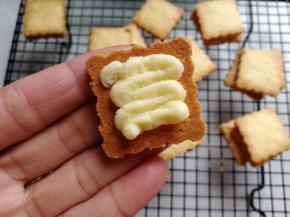 打发好的奶酪馅装入裱花袋中，取一块晾凉的饼干，挤上奶酪馅儿，再盖上另一块饼干稍微压紧即可，放冰箱冷藏一晚口感更佳。