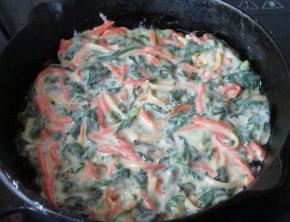 平底锅中放适量油，倒入糊弄平表面，小火煎