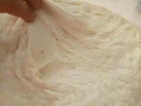 把中种材料混合揉至无干粉，装入保鲜盒放冰箱冷藏20小时左右(如果着急用可以放在室温3个小时左右)，主要还是看面团的状态。如图出现蜂窝状就可以了。