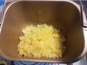 把准备好的果肉放入面包机的面桶内。