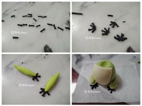 黑色面团搓成细长条，再平均切成16条小段。4个小段粘在一块，分别组装到手和脚上面。