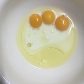 将蛋黄、配方奶、玉米油装入无油无水的大碗里用手动打蛋器打发。