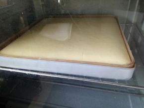 拌好的面糊倒入烤盘中，震出大气泡，放入烤箱中层150度烤20分