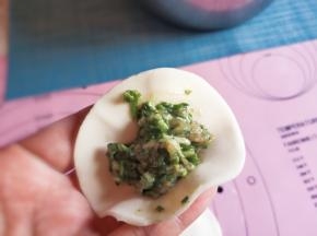 饺子皮上方适量饺子馅。