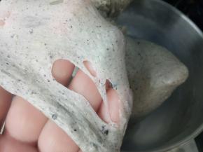 大概8-10分钟左右，可以拉出这样的膜。这时就可以放入盐和软化好的黄油了，继续揉。 