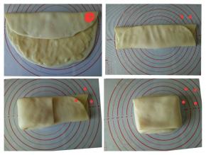 将酥皮按上图的顺序折叠，重复2-3次即可，然后擀开，尽量擀薄一点，比模具大出一圈即可