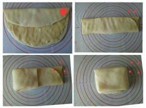 将酥皮按上图的顺序折叠，重复2-3次即可，然后擀开，尽量擀薄一点，比模具大出一圈即可