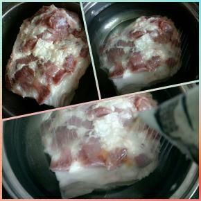 五花肉冲洗干净，锅中放入凉水，加一点料酒煮肉