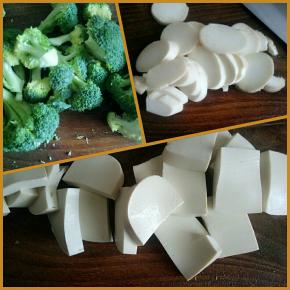 豆腐杏鲍菇切稍厚片，花菜掰开
