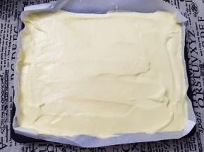 搅拌均匀的蛋糕糊倒入铺了油纸的烤盘中（我的烤盘是烤箱自带的烤盘，底部长28厘米，宽20厘米）