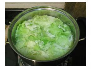 清水煮沸放入包菜、盐煮至熟，捞出包菜，过两遍凉开水，沥干水分上盘