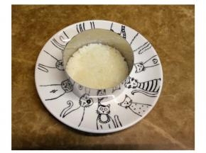 米飯用寿司醋拌均，在碟子里放一层米飯，压平