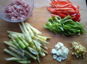 竹笋切斜刀，青、红辣椒切丝，肉切丝，蒜切片，姜切末。