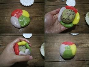 还可以直接用四种颜色的面团随意组合后包入馅料，压出来的花纹也非常好看呢