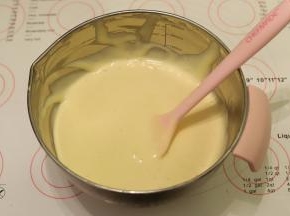 同样翻拌的手法混合蛋糕糊，搅拌次数不少于90下，最后面糊呈现细腻光滑的丝绸状