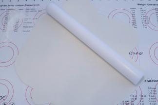 翻糖膏揉软，硅胶垫抹上防粘粉（玉米淀粉和糖粉混合物），不粘擀面杖将翻糖片擀成薄片