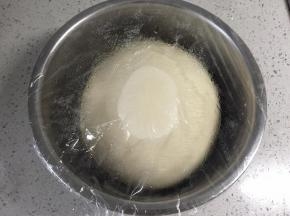 然后放入不锈钢盆里，盖上保鲜膜，放在温暖处发酵至两倍大。