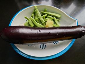准备茄子，豆角，大蒜，生姜，豆角去两端，掐段。