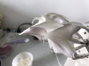 糖水熬好后，右手开动打蛋器最高速打发蛋白，左手拿着熬糖奶锅，慢慢的将糖水在硅胶杯的一侧，一点点倒入蛋白中，倒糖水的同时要不停的高速打发蛋白，两个动作要同时进行，糖水倒的速度要以匀速的状态倒入，不要一次性全倒入，要慢慢不间断的倒。大家也可以分两到三次倒入，打均匀一次，再加下一次，我的硅胶杯口小，分次倒入不方便，所以我是以匀速的状态倒入的。这步要注意的是糖水不要浇在打蛋头上，也不要倒在硅胶杯边缘上，因为糖水遇到打蛋头和硅胶杯会马上结块凝固，这样会导致蛋白霜里混有糖水结块，待会儿挤马卡龙的时候会堵住裱花嘴，挤不出来。糖水倒好后，继续高速打发蛋白霜，打到蛋白霜降温至比手温低的时候，就停止打发，上图是打发好的状态，蛋白霜油亮有光泽，呈鹰嘴勾的状态就好。这步如果你的蛋白霜怎么也打不硬，那么就是你的糖水没有熬温度。