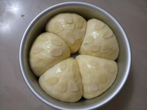 发至两倍大，取出表面刷蛋液，撒上杏仁片。