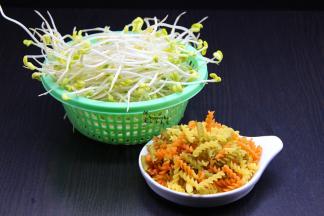 准备豆芽、通心粉、香葱等食材；