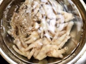 捞出鸡爪反复冲洗变凉冲洗干净油脂，鸡爪过大可以一分为二，熟的比较好切
