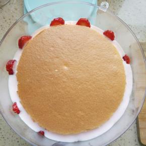 草莓沿模具边紧紧摆一圈，倒入一半慕斯糊，然后放一片蛋糕片，放入冰箱冷冻15-20分钟，具体看状态