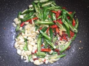 用刚刚煸炒肥肠的油，放入生姜，蒜瓣，干辣椒，花椒，青尖椒和红尖椒爆香。
