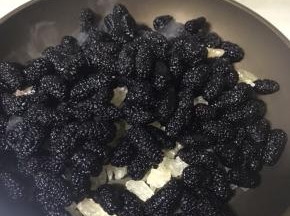 小火将桑葚和冰糖一起放入锅中