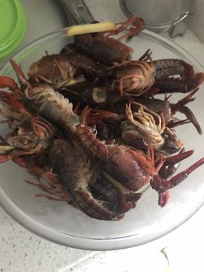 洗净小龙虾。放点老姜，分量外的，料酒。腌5分钟，不要太久，记得放冰箱，太久一会儿出来的肉口感不好