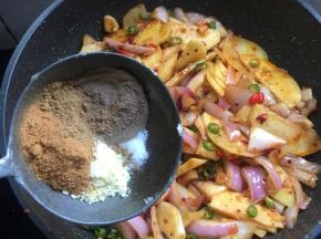 放入1勺盐，1勺黑胡椒粉，1勺王守义十三香，2勺鸡精，4勺小丑娃孜然粉翻炒均匀。