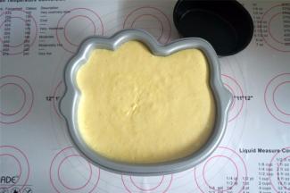 将蛋糕糊倒入8寸的kitty模具中，震荡出大气泡。