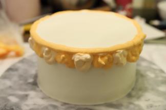 剩余的淡奶油分成两份，一份调成深一点的桔红色淡奶油，一份调浅一点，分别挤在蛋糕胚的上面（如图）