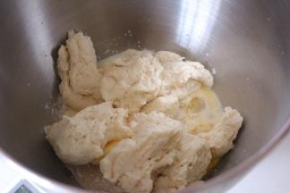 将主面团的材料放入厨师机，中种面团撕成小块放入