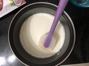 把除了椰蓉以外的材料混合，搅拌均匀，倒入小奶锅。