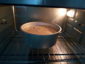 把面糊倒入模具中，大约4分满就可以，模具放大理石震几下，震出大气泡，放入预热好的烤箱（烤箱提前150度预热10分钟）上下火135度烤1小时，烤盘放在最下面一层。