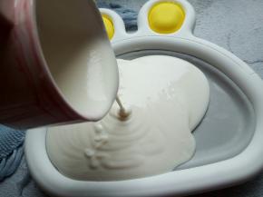 自己做的酸奶，加白砂糖一勺拌一下，倒入炒冰机（炒冰机提前发冰箱冷冻10个小时以上再拿出来用）