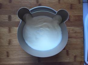 倒入酸奶慕斯液，再放一片蛋糕片，倒入剩余的慕斯液，倒入冰箱冷冻10分钟