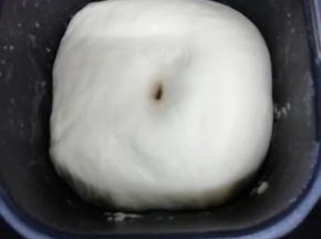 和好了面放入面包桶中进行第一发酵，发酵好的面团，用手指撮一下不回缩证明发好