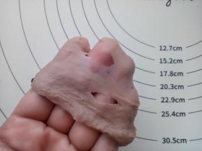 大概10分钟左右，可以拉出这样的膜。这时放入盐和软化好的黄油了，继续揉。