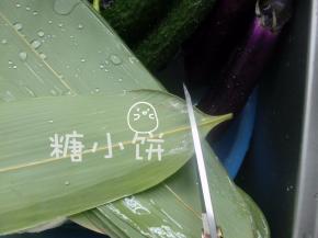 鲜粽叶洗净，剪掉较硬的那段叶梗部分（如图）。可煮可不煮