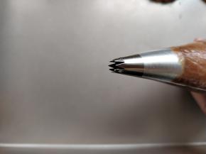 先将可可色曲奇面糊装入剪口裱花袋，选用图中的星形开口花嘴。