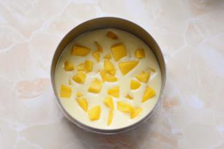 切好的芒果粒铺在慕斯糊里，用量根据自己的喜好来调节，喜欢吃就多放点，不喜欢就

少放点