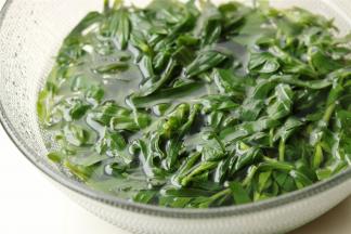 山苜楂只要嫩芽部分，汤锅加水烧开后放入山苜楂嫩芽绰水2分钟，焯水时候加一些盐和几滴油，颜色会比较绿。焯水后的山苜楂用凉水浸泡1天，期间要换水多次。