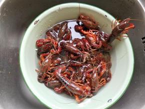 将小龙虾放入盆中，倒入一勺醋，用筷子搅拌一下。
