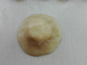 取一个水油皮擀成中间厚，四周薄的面片，放入一个油酥面团
　　　